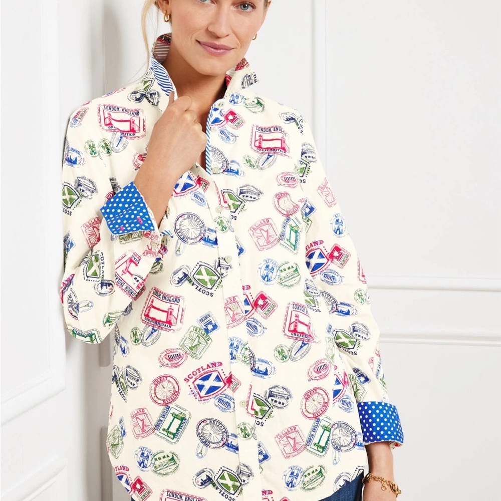 Talbots Modern Stamps Around the World Button up Polka Dot Cuff Cotton SZ PM NWT